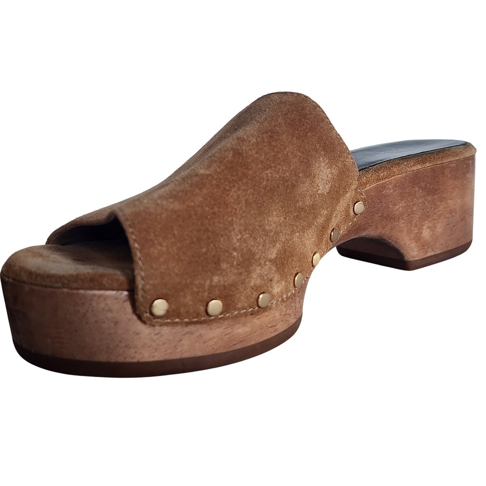 Rag & Bone Mara Brown Suede Platform Clog Mules Studded Wood Heel Sandals 38 - Picture 6 of 9